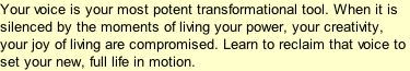 Your voice is your most potent transformational tool. When it is silenced by the moments of living your power, your creativity, your joy of living are compromised. Learn to reclaim that voice to set your new, full life in motion.